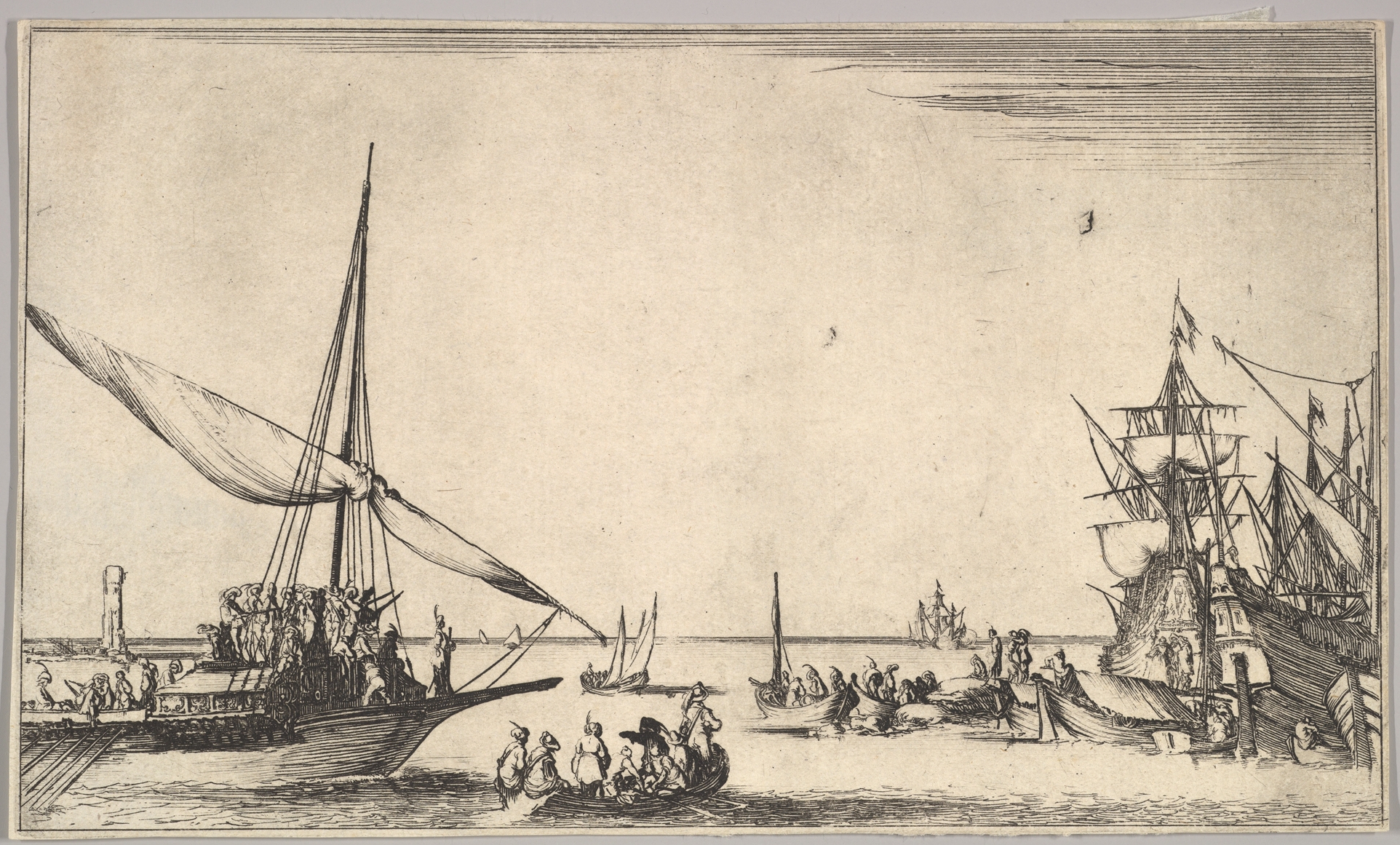 A galley arriving at port to left, several rowboats in center, ships at port to 