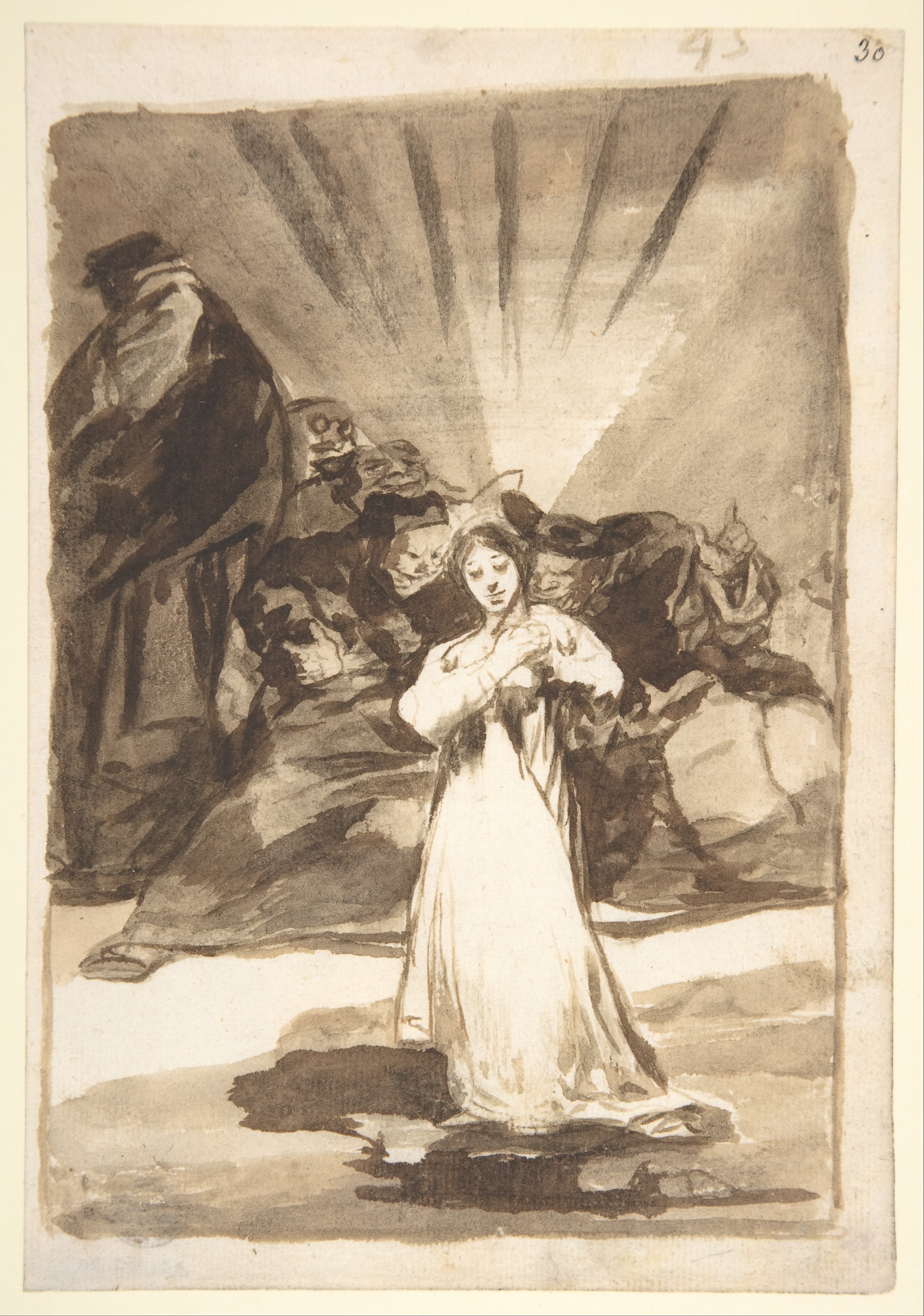 A radiant female figure beset by dark spirits; page 45 from the "Images of Spain