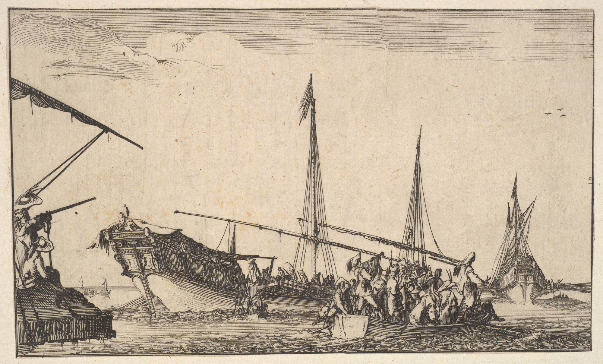 A rowboat full of men at right, a ship with men descending into a rowboat behind