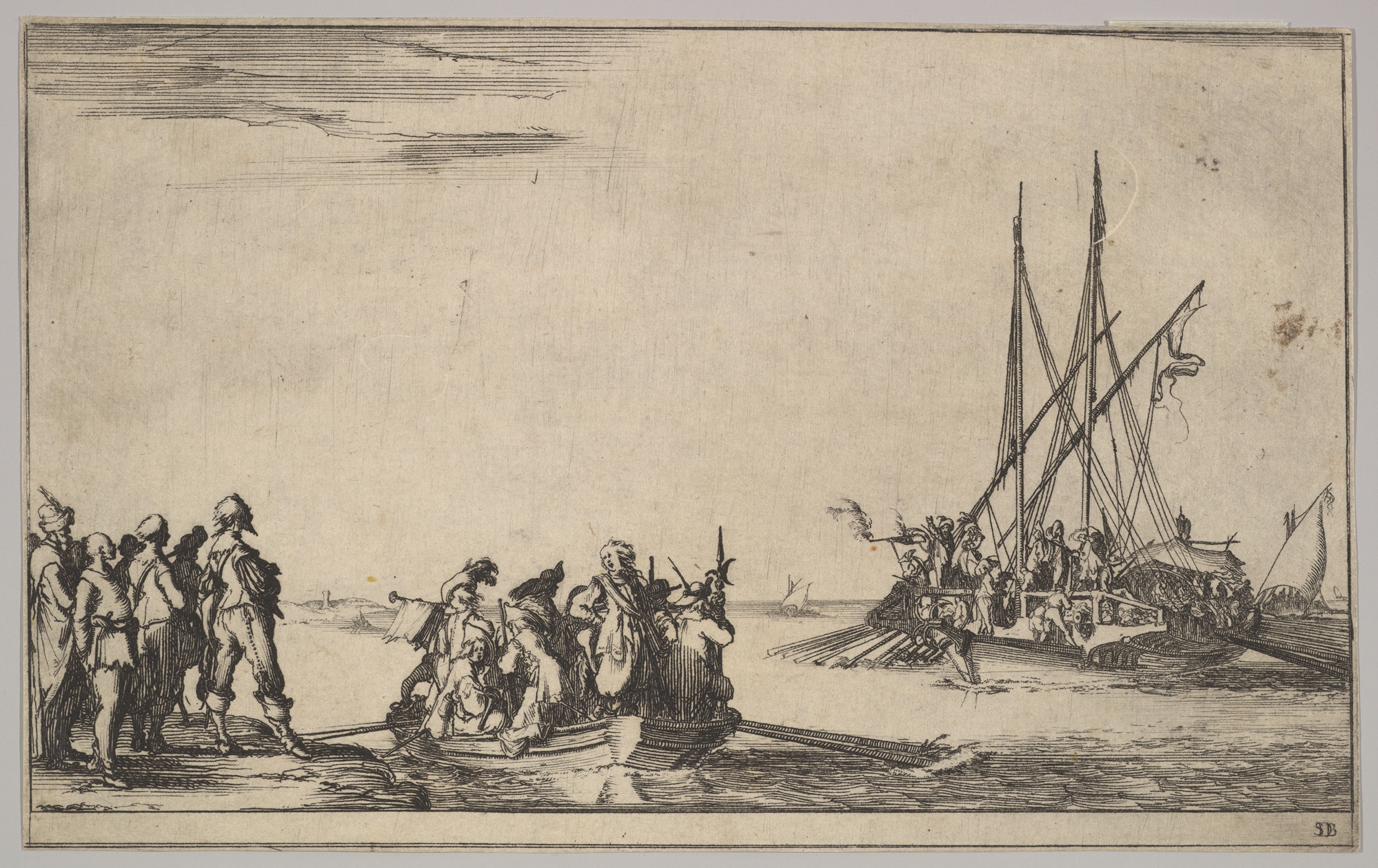 A rowboat full of men in center, a group of men standing on shore at left, a shi