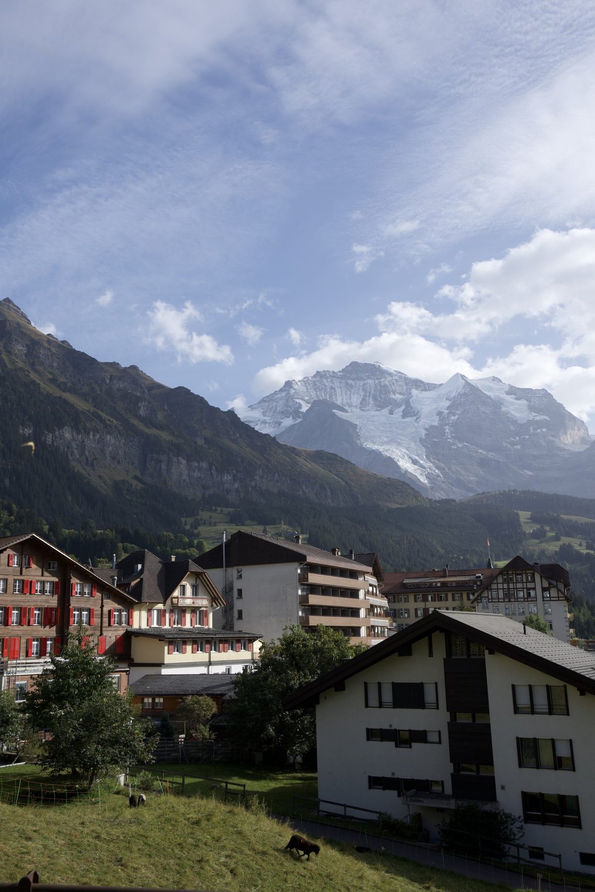 Alpine Village Below Snowy Peaks