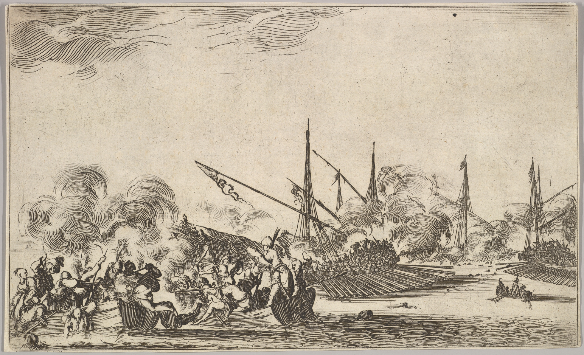 Combat between several rowboats and ships, two groups of men in rowboats fightin