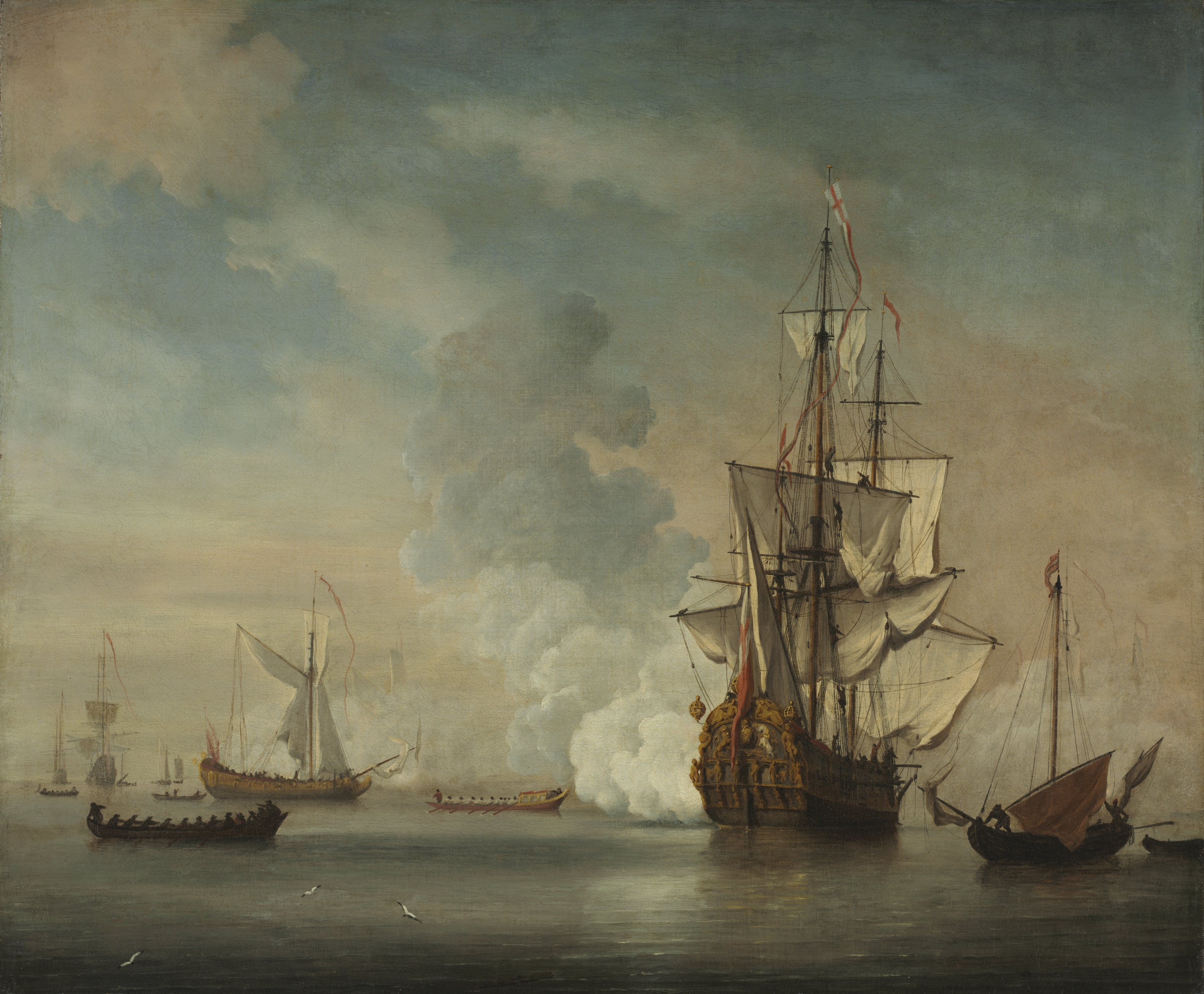 English Warship Firing a Salute