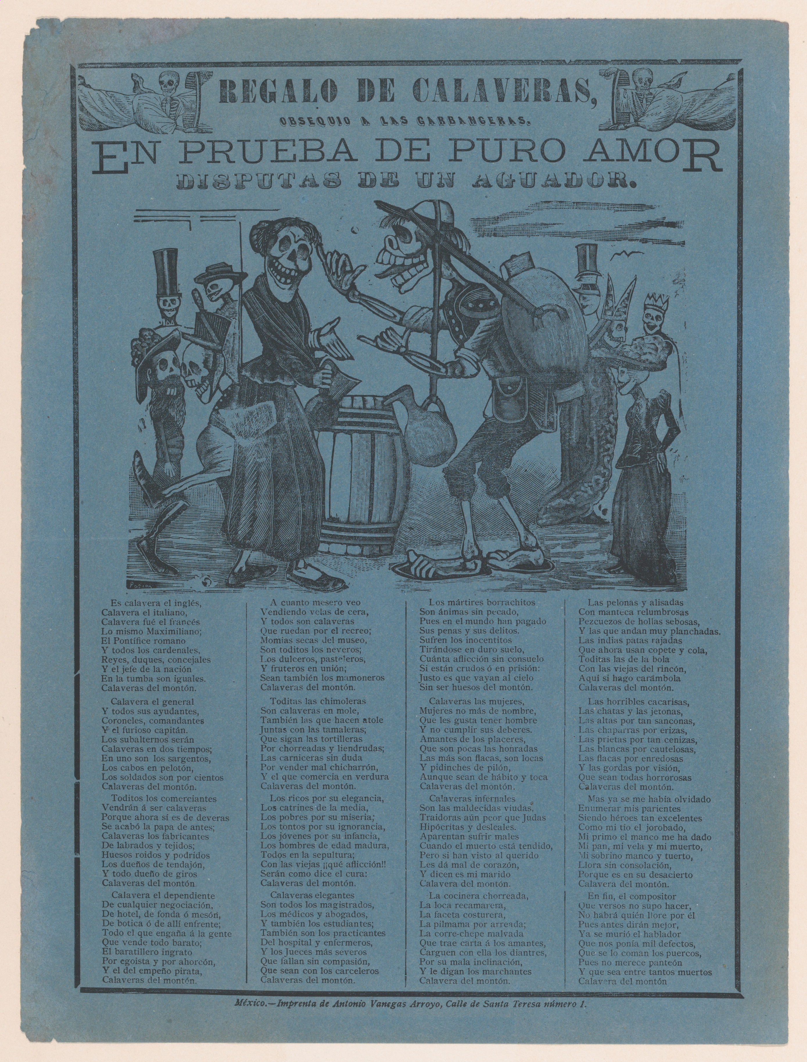 In proof of true love, a watercarrier skeleton arguing with a woman (Posada); tw