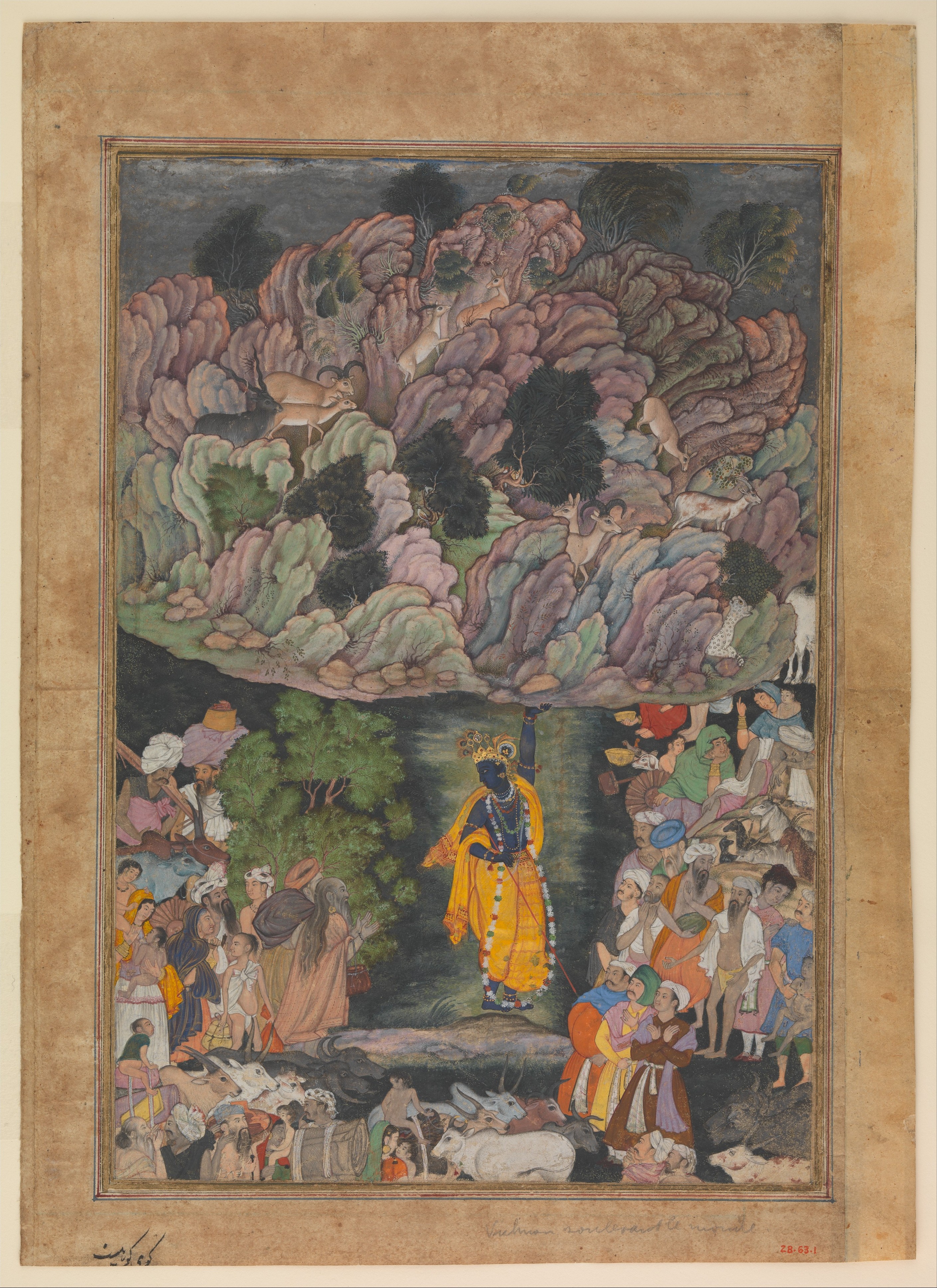 "Krishna Holds Up Mount Govardhan to Shelter the Villagers of Braj", Folio from 