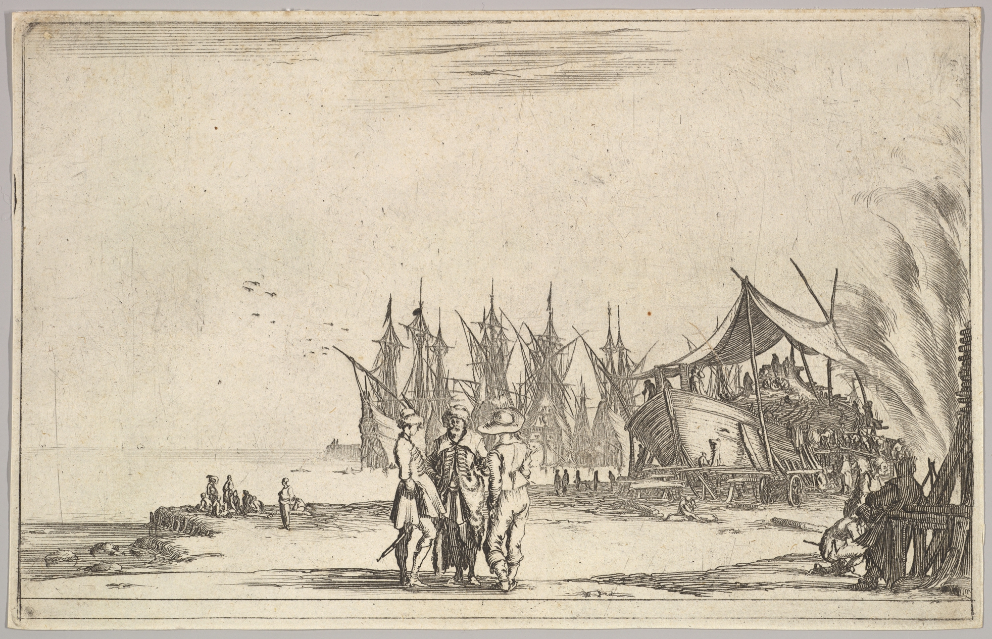 Three men wearing hats standing in center, men fixing a ship to right, five ship