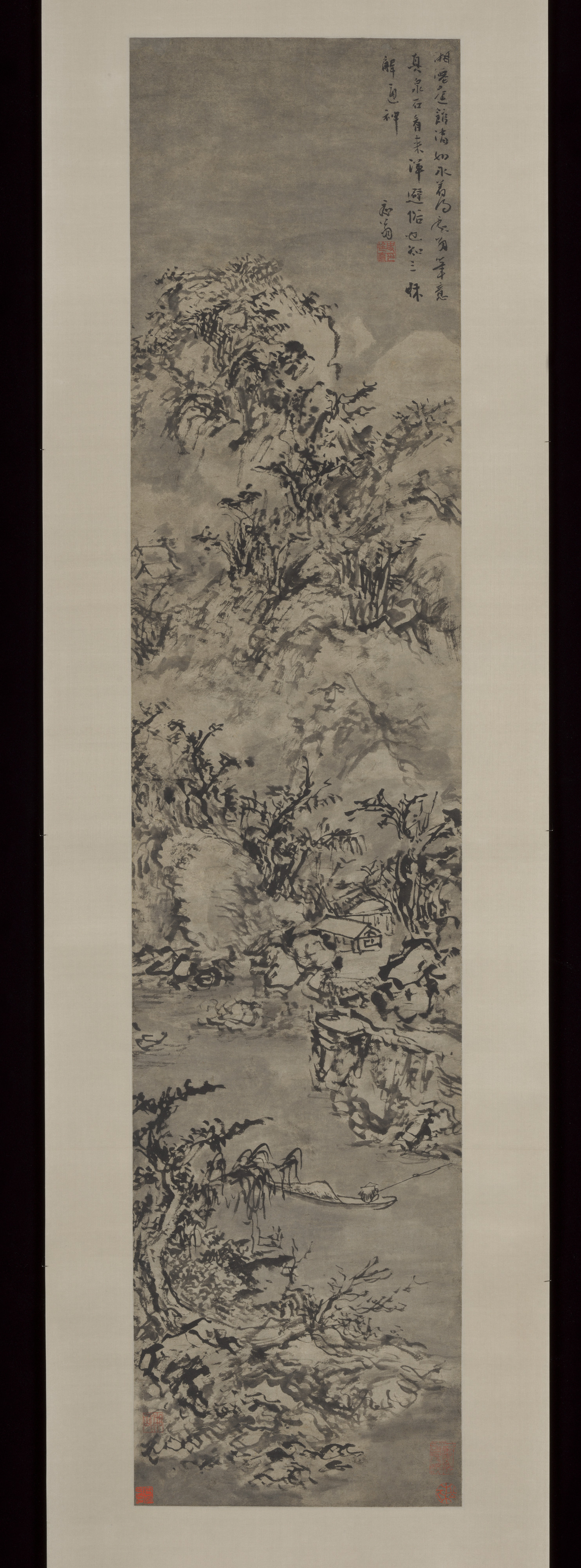 Winter landscape with fisherman